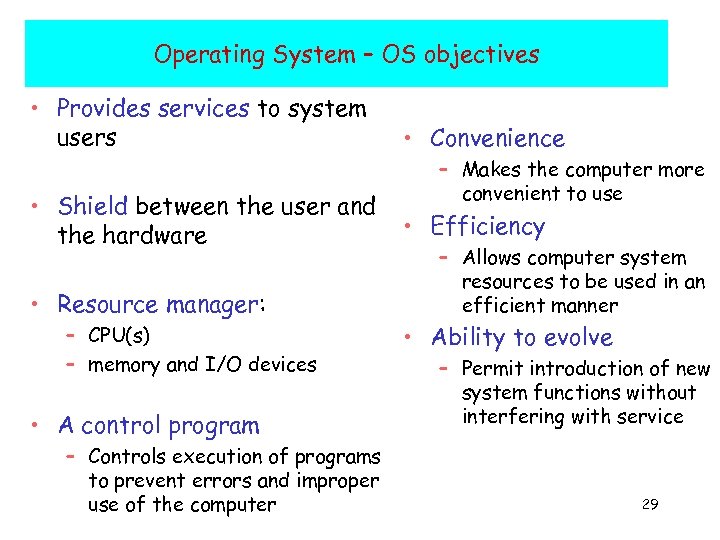 Operating System – OS objectives • Provides services to system users • Shield between