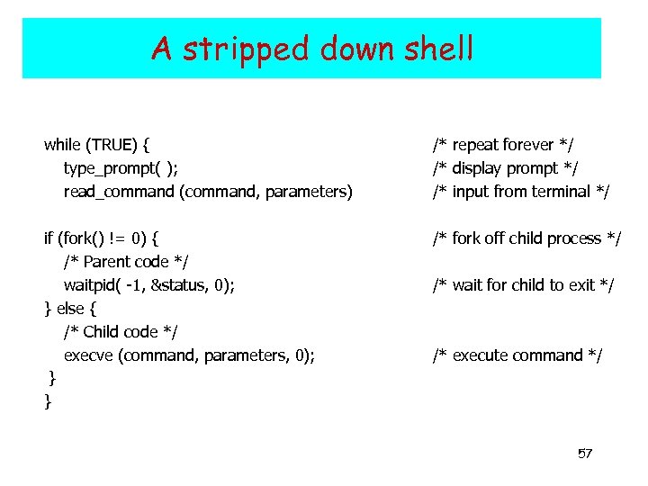 A stripped down shell while (TRUE) { type_prompt( ); read_command (command, parameters) /* repeat