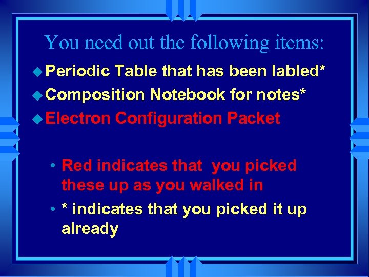 You need out the following items: u Periodic Table that has been labled* u
