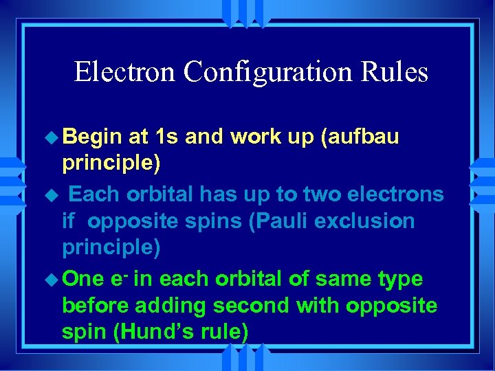 Electron Configuration Rules u Begin at 1 s and work up (aufbau principle) u