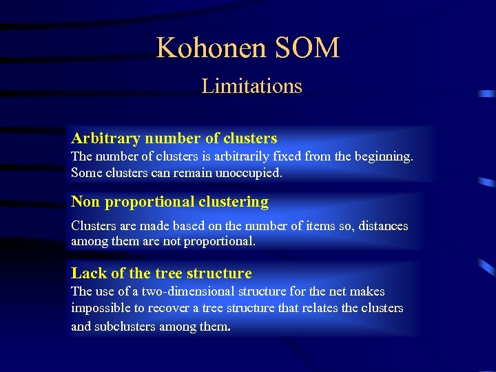 Kohonen SOM Limitations Arbitrary number of clusters The number of clusters is arbitrarily fixed