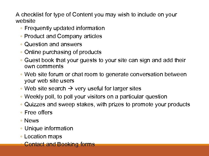A checklist for type of Content you may wish to include on your website
