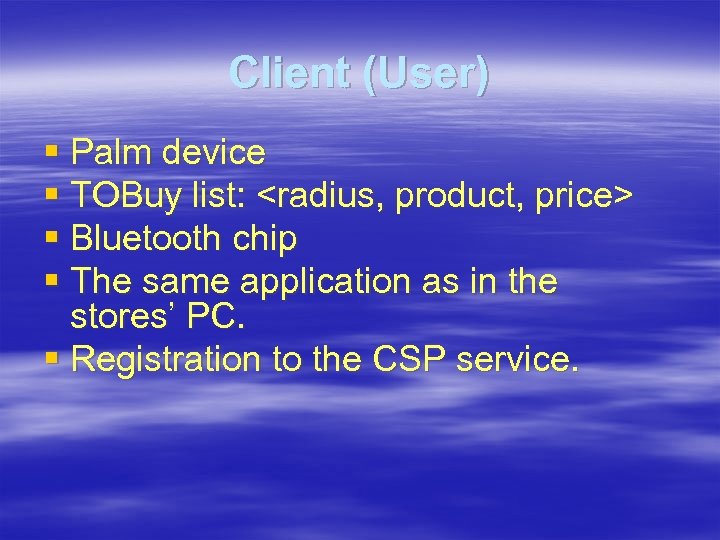 Client (User) § Palm device § TOBuy list: <radius, product, price> § Bluetooth chip