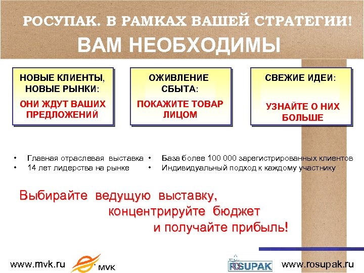 РОСУПАК. В РАМКАХ ВАШЕЙ СТРАТЕГИИ! ВАМ НЕОБХОДИМЫ НОВЫЕ КЛИЕНТЫ, НОВЫЕ РЫНКИ: СВЕЖИЕ ИДЕИ: ОНИ