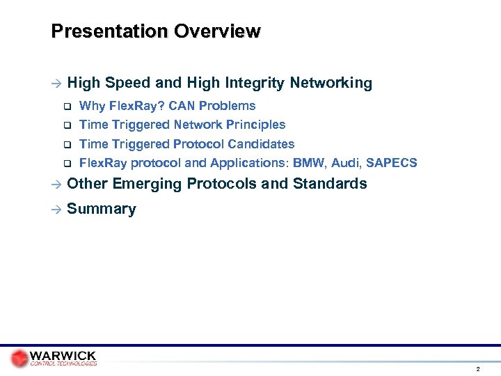 Presentation Overview High Speed and High Integrity Networking Why Flex. Ray? CAN Problems Time