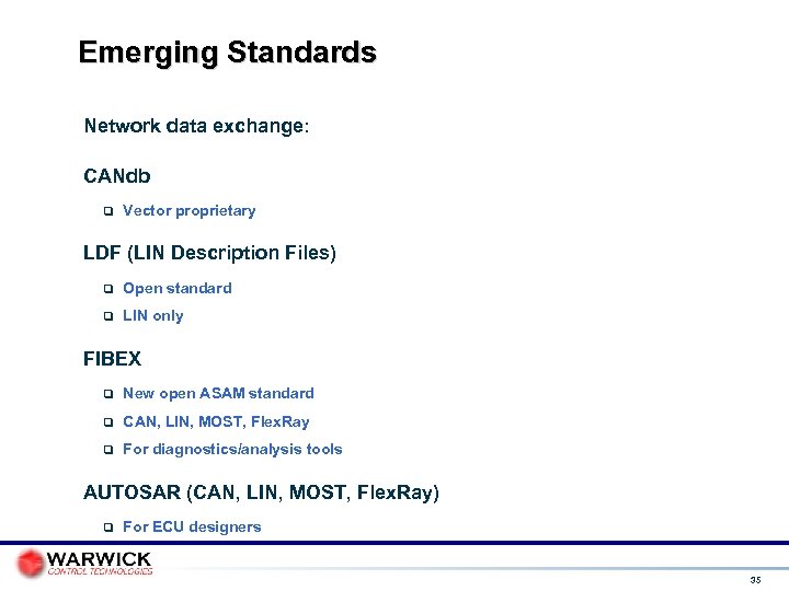 Emerging Standards Network data exchange: CANdb Vector proprietary LDF (LIN Description Files) Open standard
