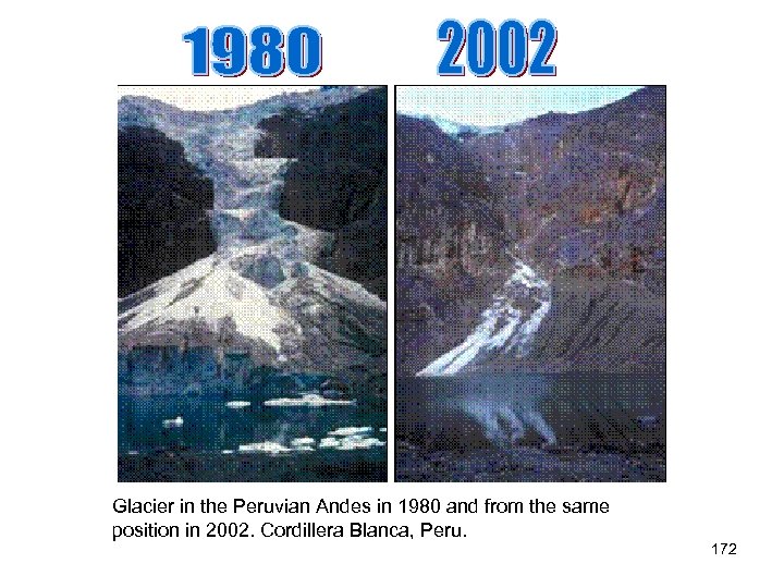 Glacier in the Peruvian Andes in 1980 and from the same position in 2002.