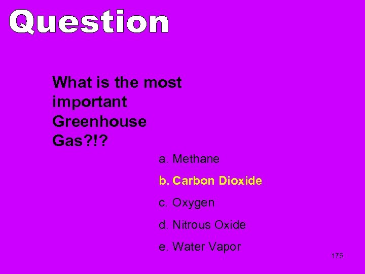 What is the most important Greenhouse Gas? !? a. Methane b. Carbon Dioxide c.