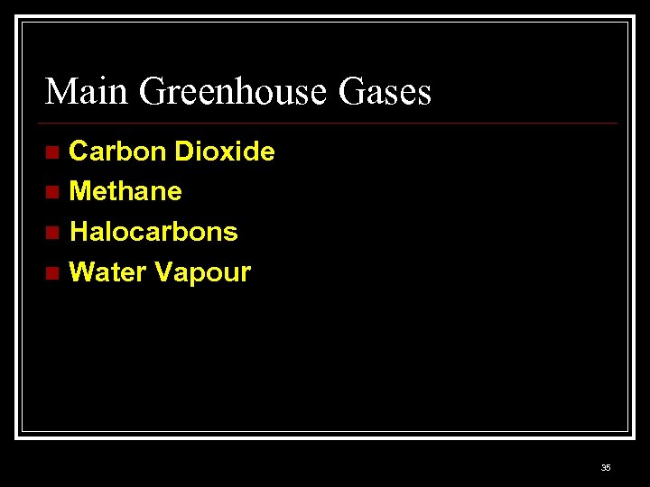 Main Greenhouse Gases Carbon Dioxide n Methane n Halocarbons n Water Vapour n 35