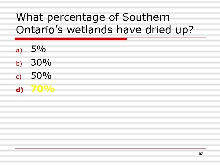 What percentage of Southern Ontario’s wetlands have dried up? a) b) c) d) 5%