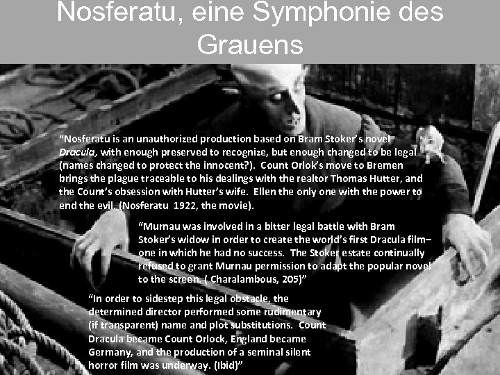 Nosferatu, eine Symphonie des Grauens “Nosferatu is an unauthorized production based on Bram Stoker’s