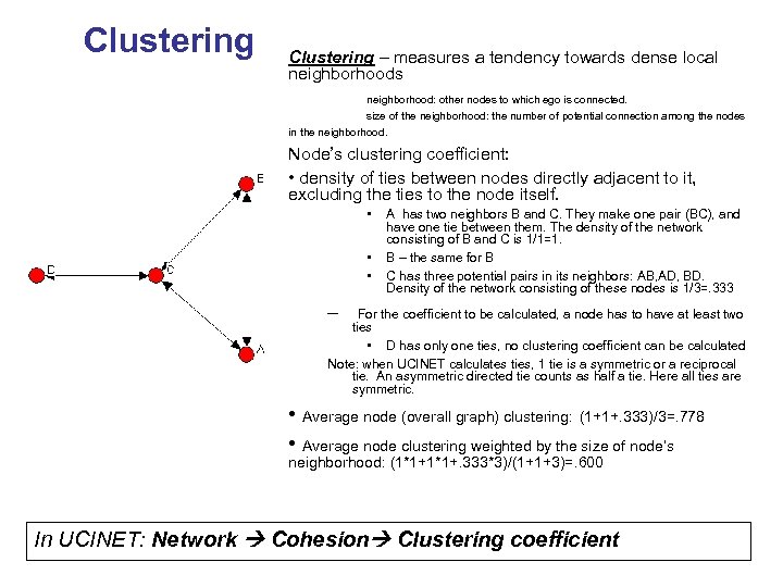 Clustering – measures a tendency towards dense local neighborhoods neighborhood: other nodes to which