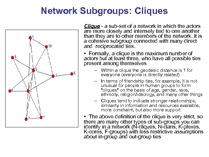 Network Subgroups: Cliques Clique - a sub-set of a network in which the actors