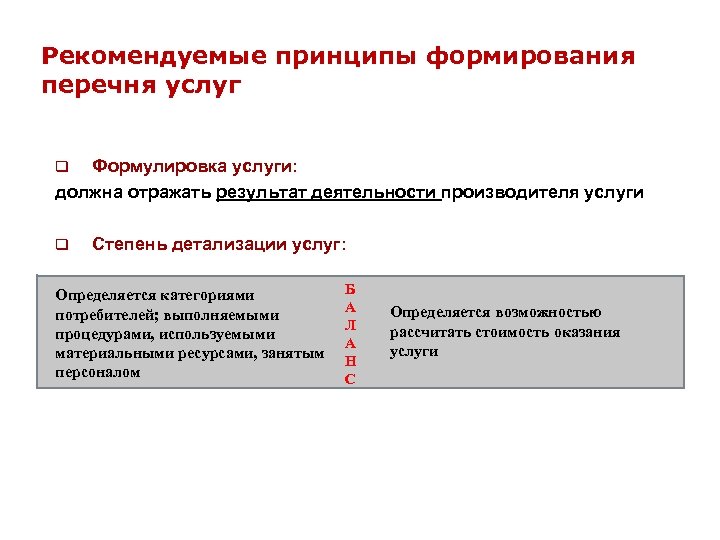 Рекомендуемые принципы формирования перечня услуг Формулировка услуги: должна отражать результат деятельности производителя услуги q