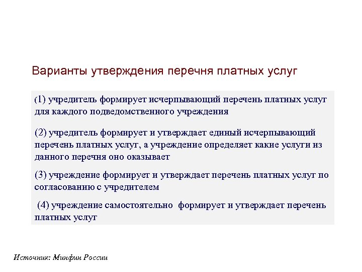  Варианты утверждения перечня платных услуг (1) учредитель формирует исчерпывающий перечень платных услуг для