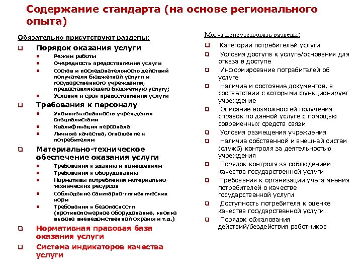 Содержание стандарта (на основе регионального опыта) Обязательно присутствуют разделы: q Порядок оказания услуги n
