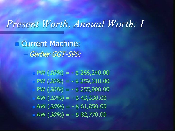 Present Worth, Annual Worth: I n Current Machine: – Gerber GGT-S 95: PW (10%)
