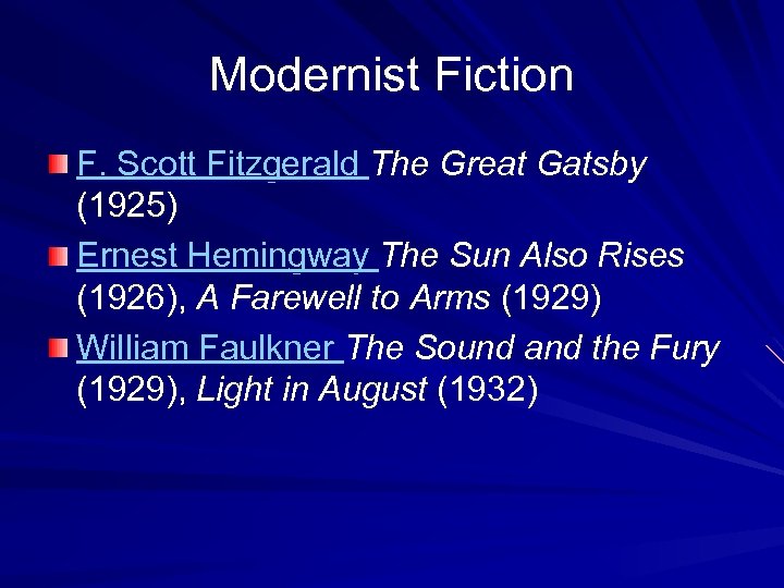 Modernist Fiction F. Scott Fitzgerald The Great Gatsby (1925) Ernest Hemingway The Sun Also