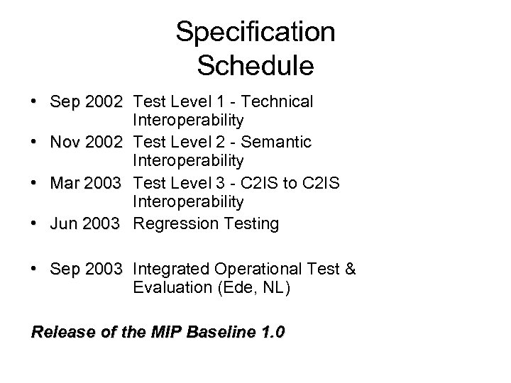 Specification Schedule • Sep 2002 Test Level 1 - Technical Interoperability • Nov 2002