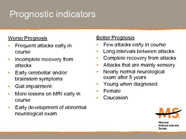 Prognostic indicators Worse Prognosis • Frequent attacks early in course • Incomplete recovery from