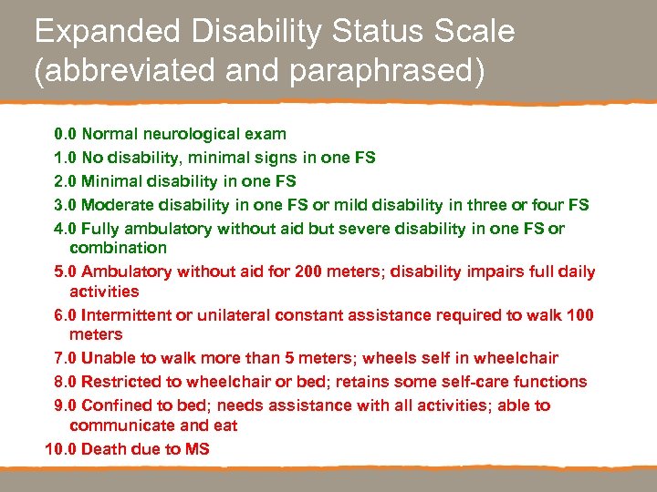 Expanded Disability Status Scale (abbreviated and paraphrased) 0. 0 Normal neurological exam 1. 0