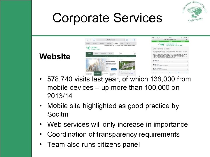 Corporate Services Website • 578, 740 visits last year, of which 138, 000 from