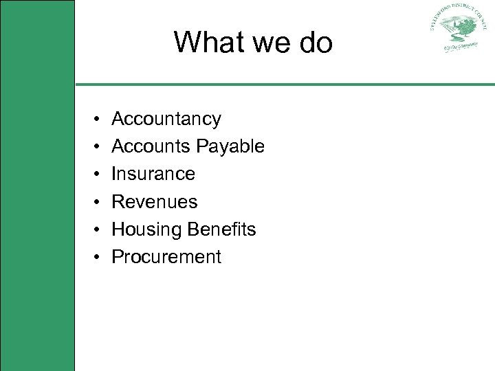 What we do • • • Accountancy Accounts Payable Insurance Revenues Housing Benefits Procurement