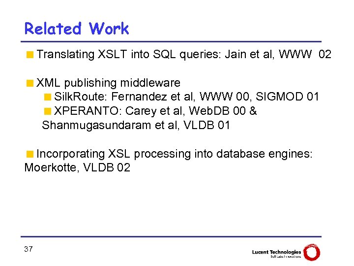 Related Work <Translating XSLT into SQL queries: Jain et al, WWW 02 <XML publishing