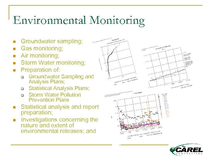 Environmental Monitoring n n n Groundwater sampling; Gas monitoring; Air monitoring; Storm Water monitoring;