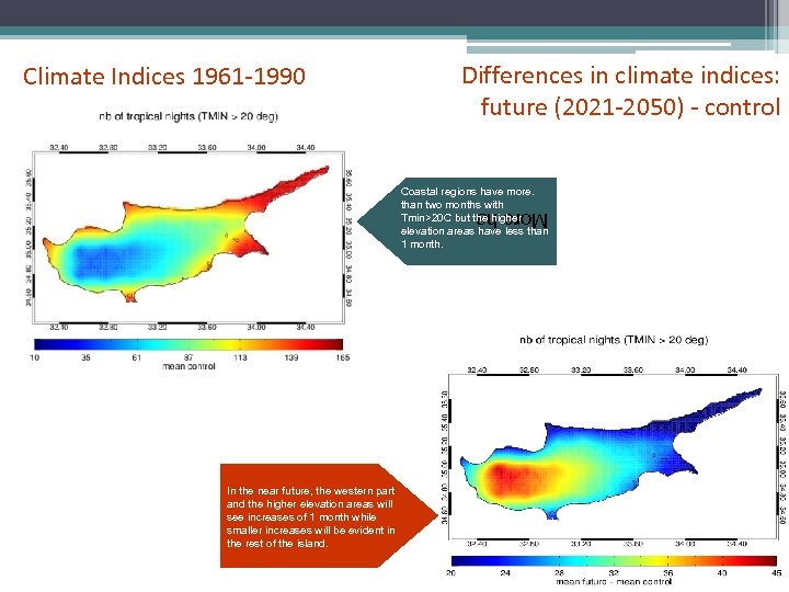 Climate Indices 1961 -1990 Differences in climate indices: future (2021 -2050) - control Coastal