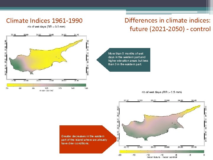 Climate Indices 1961 -1990 Differences in climate indices: future (2021 -2050) - control More