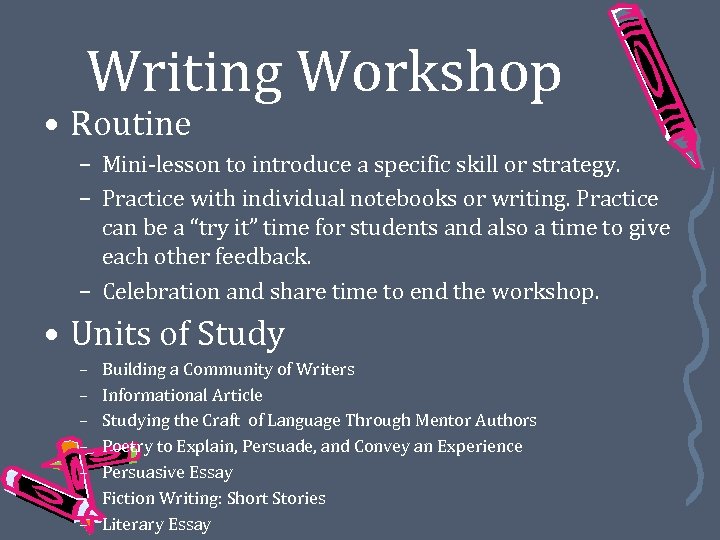 Writing Workshop • Routine – Mini-lesson to introduce a specific skill or strategy. –