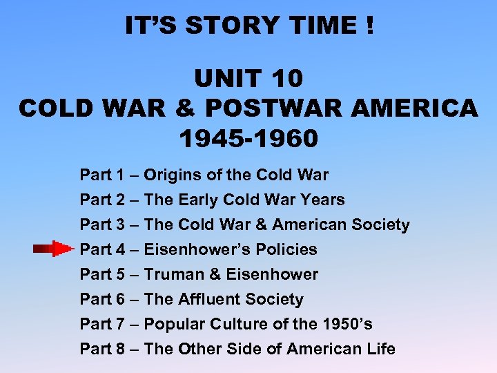 IT’S STORY TIME ! UNIT 10 COLD WAR & POSTWAR AMERICA 1945 -1960 Part