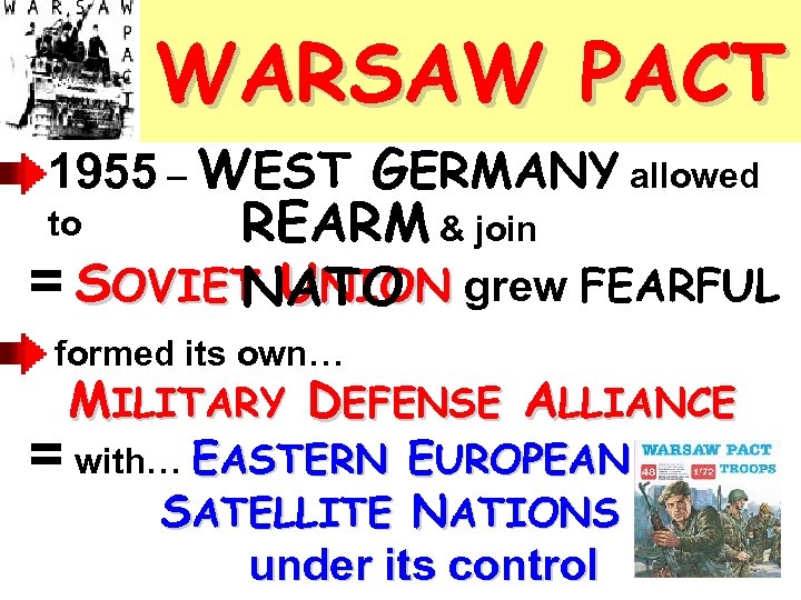 WARSAW PACT 1955 – WEST GERMANY allowed REARM & join = SOVIET UNION grew