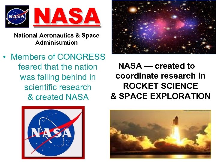 NASA National Aeronautics & Space Administration • Members of CONGRESS NASA — created to