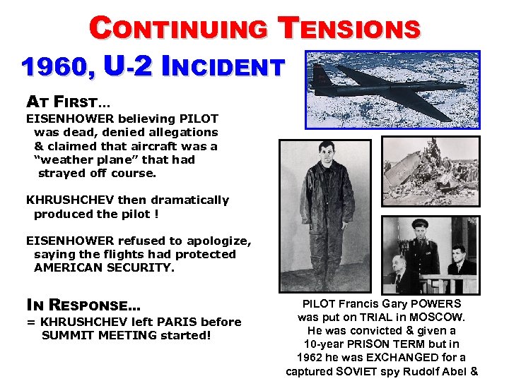 CONTINUING TENSIONS 1960, U-2 INCIDENT AT FIRST… EISENHOWER believing PILOT was dead, denied allegations