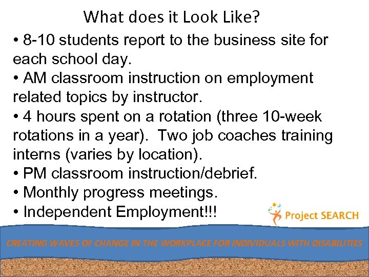 What does it Look Like? • 8 -10 students report to the business site