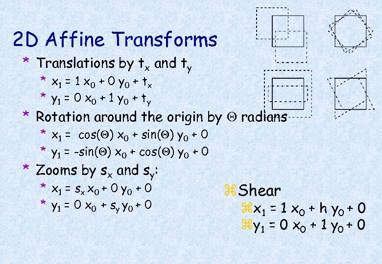 2 D Affine Transforms * Translations by tx and ty * x 1 =