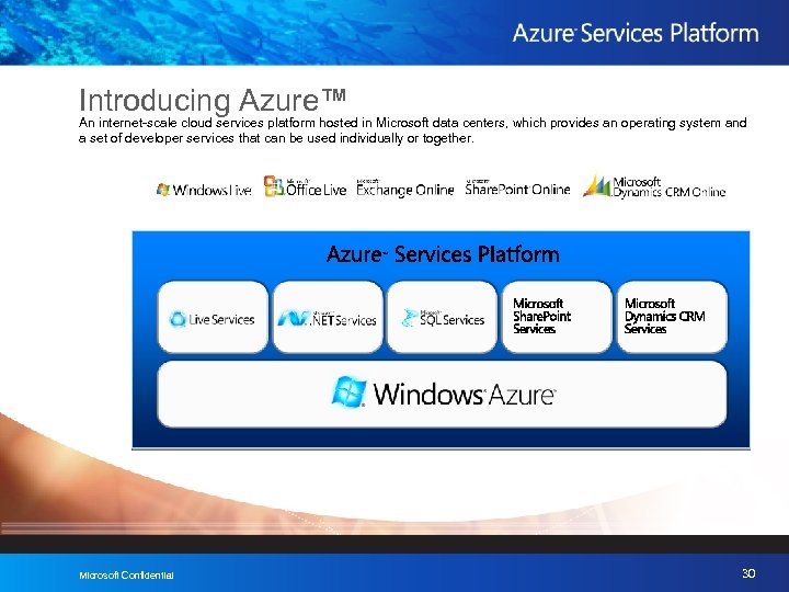 Introducing Azure™ An internet-scale cloud services platform hosted in Microsoft data centers, which provides