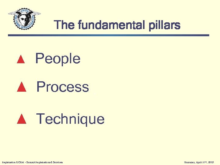 The fundamental pillars People Process • Technique Registration & CRM - Summit Registrations &