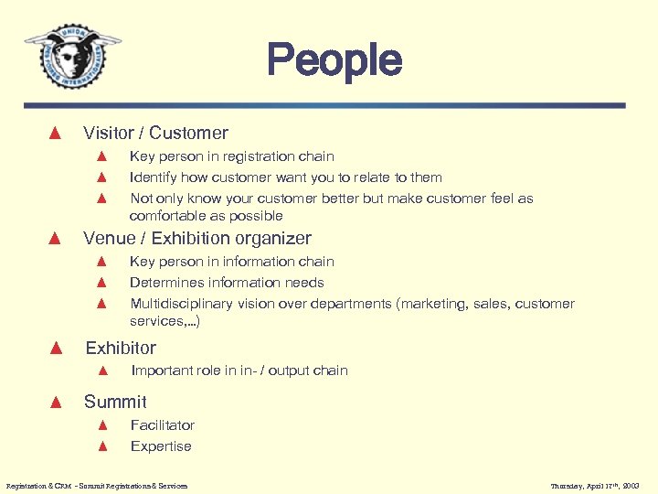 People Visitor / Customer Key person in registration chain Identify how customer want you