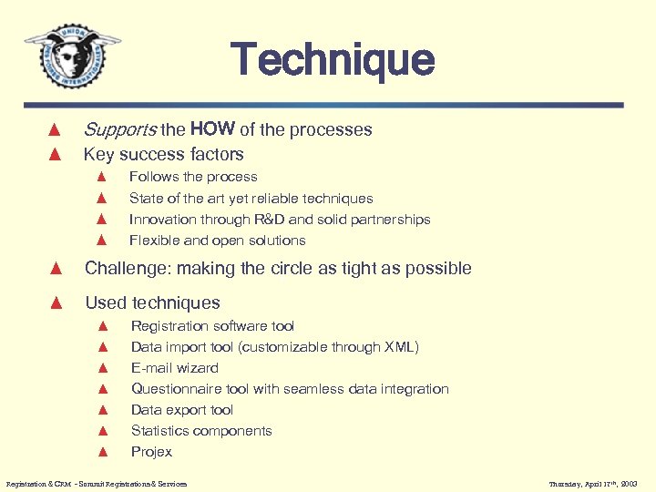 Technique Supports the HOW of the processes Key success factors Follows the process State