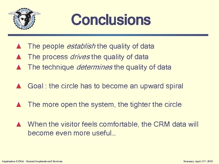 Conclusions The people establish the quality of data The process drives the quality of