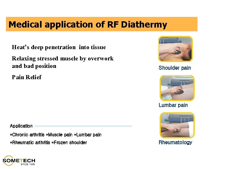 Medical application of RF Diathermy Heat’s deep penetration into tissue Relaxing stressed muscle by