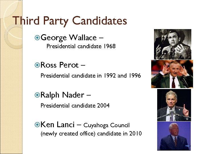 Third Party Candidates George Wallace – Presidential candidate 1968 Ross Perot – Presidential candidate