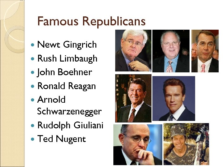Famous Republicans Newt Gingrich Rush Limbaugh John Boehner Ronald Reagan Arnold Schwarzenegger Rudolph Giuliani