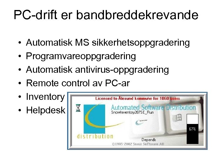 PC-drift er bandbreddekrevande • • • Automatisk MS sikkerhetsoppgradering Programvareoppgradering Automatisk antivirus-oppgradering Remote control