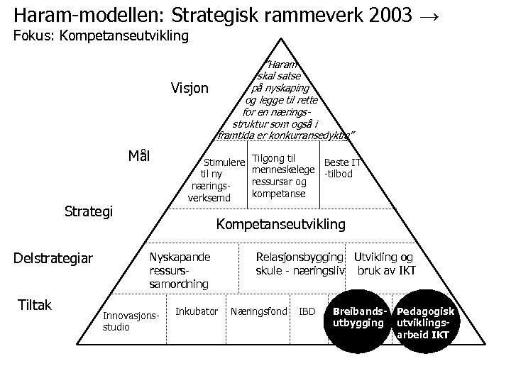 Haram-modellen: Strategisk rammeverk 2003 → Fokus: Kompetanseutvikling Visjon Mål Strategi Delstrategiar Tiltak ”Haram skal