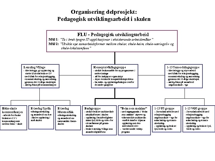 Organisering delprosjekt: Pedagogisk utviklingsarbeid i skulen FLU - Pedagogisk utviklingsarbeid Mål 1: ”Ta i