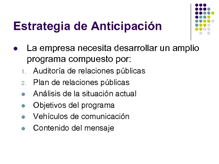 Estrategia de Anticipación La empresa necesita desarrollar un amplio programa compuesto por: l 1.